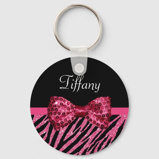Trendy roze zebra print FAUX Glitz Bow met naam Sleutelhanger (Voorkant)