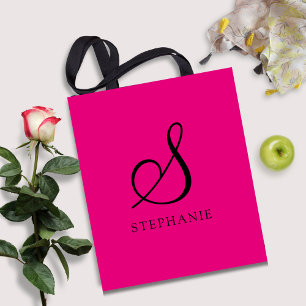 Trendy Roze Zwart Monogram Initiaal Script Naam Draagtas