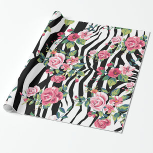 trendy rozen en zebrastrips cadeaupapier