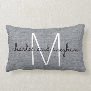 Trendy Rustic Grey Burlap met Names and Monogram Kussen