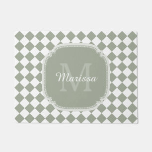 Trendy Sage Green Checked Monogrammed Name Deurmat