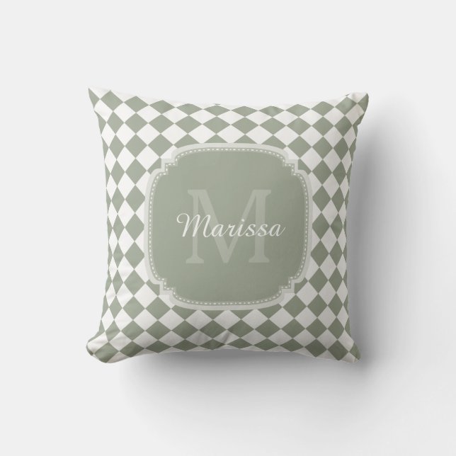 Trendy Sage Green Checked Monogrammed Name Kussen (Voorkant)