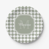 Trendy Sage Green Checked Monogrammed Name Papieren Bordje (Voorkant)