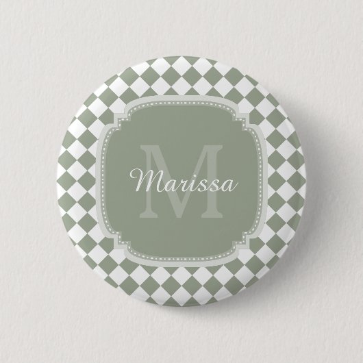 Trendy Sage Green Checked Monogrammed Name Ronde Button 5,7 Cm (Voorkant)