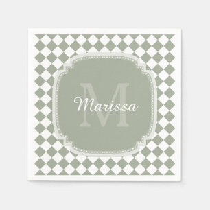 Trendy Sage Green Checked Monogrammed Name Servetten
