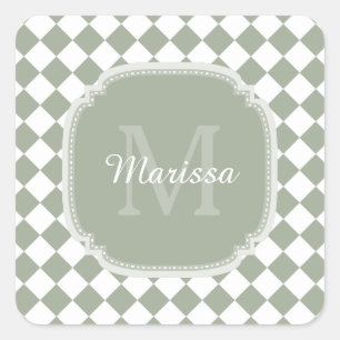 Trendy Sage Green Checked Monogrammed Name Vierkante Sticker