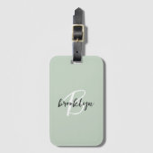 Trendy Sage Groen Zwart Wit Script Monogram Bagagelabel (Voorkant (verticaal))