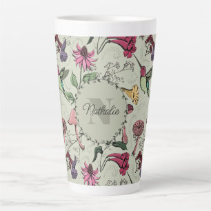 Trendy Sage Groene Bloemen & Kolibrie Monogram Latte Mok