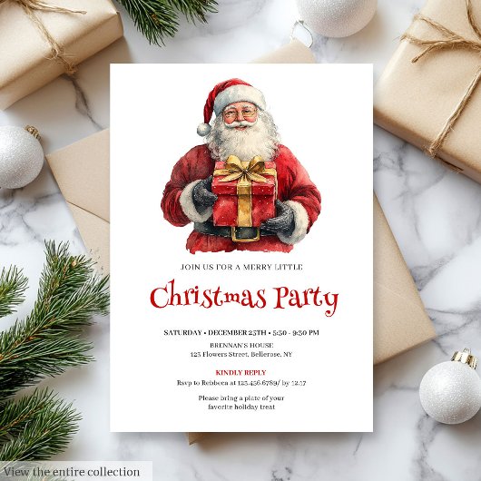 Trendy Santa Watercolor Holiday Dinner Invitation