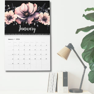 Trendy Schattige Modern Roze Zwart Bloemen Kalender