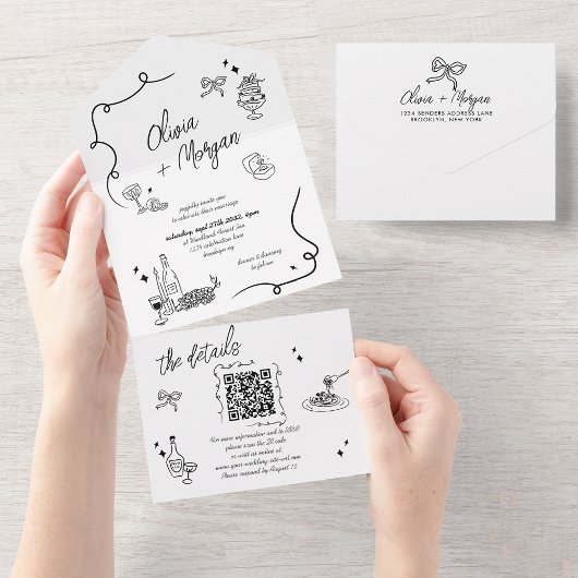 Trendy Scribble Doodle QR Code Bruiloft uitnodigin All In One Uitnodiging