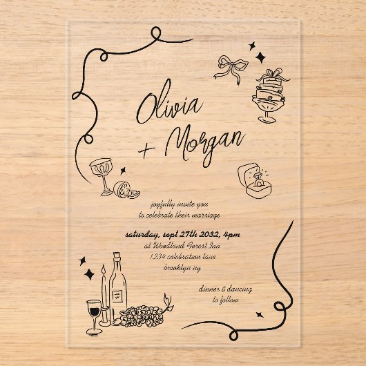 Trendy Scribble Doodle Script Wedding Acryl Uitnodigingen (Voorkant)