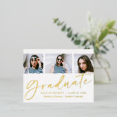 Trendy Script 3 Foto Afstuderen Real Folie Uitnodiging Briefkaart (Staand Voorkant)