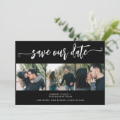 Trendy script 3 foto moderne zwarte bruiloft save the date (Staand voorkant)