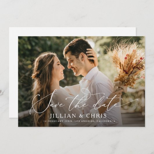 Trendy script foto bruiloft Sla de datum kaart (Voorkant / Achterkant)