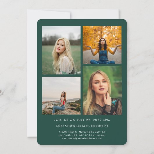 Trendy Script Gold Green Photo Collage Afstuderen Aankondiging (Achterkant)