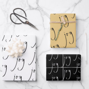 Trendy Script Joy Pattern Gold Black White Inpakpapier Vel