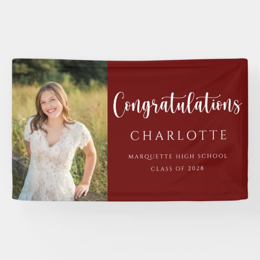 Trendy Script Maroon Afstuderen Photo Banner (Horizontaal)