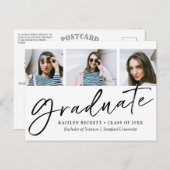 Trendy Script Minimalist 3 Photo Afstuderen Aankondigingskaart (Voorkant / Achterkant)