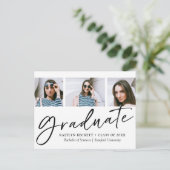 Trendy Script Minimalist 3 Photo Afstuderen Aankondigingskaart (Staand voorkant)