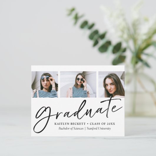 Trendy Script Minimalist 3 Photo Afstuderen Aankondigingskaart (Staand voorkant)