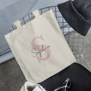 Trendy Script Naam Met Roze Initiële Monogram Tote Bag