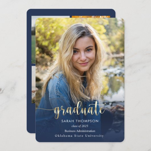 Trendy Script Navy Blue Photo Collage Afstuderen Aankondiging (Voorkant / Achterkant)