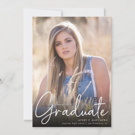 Trendy Script Overlay Three Photo Afstuderen Aankondiging (Voorkant)