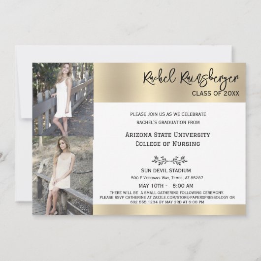 Trendy Script Overlay Three Photo Afstuderen Kaart (Achterkant)