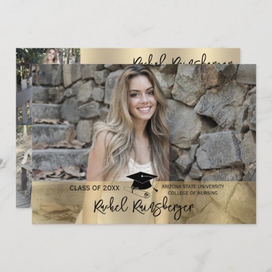 Trendy Script Overlay Three Photo Afstuderen Kaart (Voorkant / Achterkant)