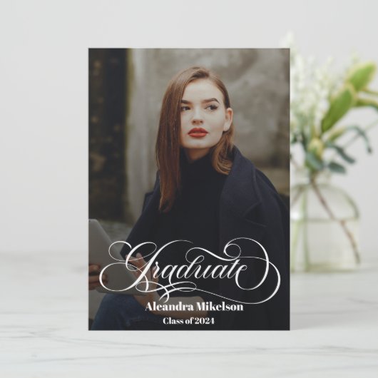 Trendy Script Overlay Two Photo Afstuderen Aankondiging (Staand voorkant)