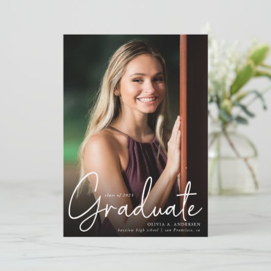 Trendy Script Overlay Two Photo Afstuderen Aankondiging (Staand voorkant)