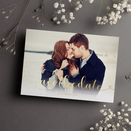 Trendy Script Photo Wedding Save the Date Folie Uitnodiging