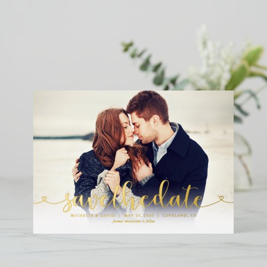 Trendy Script Photo Wedding Save the Date Folie Uitnodiging (Staand Voorkant)