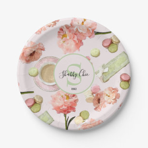 Trendy Shabby Chic Peonies and Macarons Set Papieren Bordje