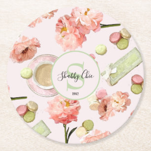 Trendy Shabby Chic Peonies and Macarons Set Ronde Kartonnen Onderzetter