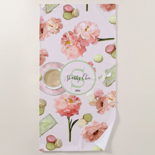 Trendy Shabby Chic Peonies and Macarons Set Strandlaken (Voorkant)