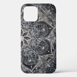 Trendy Silver Floral Mandala Blue Marble Design iPhone 12 Hoesje