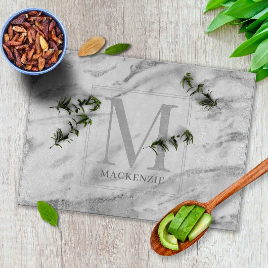 Trendy Silver Foil Metallic Marble Monogram Snijplank