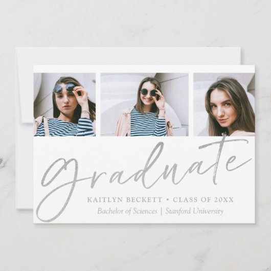 Trendy Silver Foil Script 3 Foto Afstuderen Aankondiging (Voorkant)