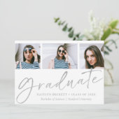 Trendy Silver Foil Script 3 Foto Afstuderen Aankondiging (Staand voorkant)