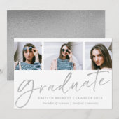 Trendy Silver Foil Script 3 Foto Afstuderen Aankondiging (Voorkant / Achterkant)