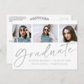 Trendy Silver Foil Script 3 Foto Afstuderen Aankondigingskaart (Voorkant / Achterkant)