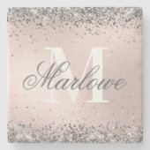 Trendy Silver Glitter Metallic Blush Pink Monogram Stenen Onderzetter (Voorkant)