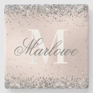 Trendy Silver Glitter Metallic Blush Pink Monogram Stenen Onderzetter