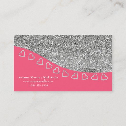 Trendy Silver Glitter & Tiny Diamond Hearts Bling Visitekaartje (Voorkant)