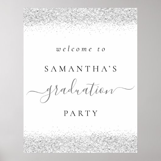 Trendy Silver Glitter Welkom Graduparty Poster (Voorkant)