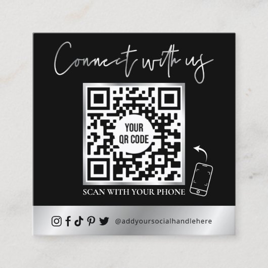 Trendy Simple QR Code Scannable Black & Silver Vierkante Visitekaartje (Voorkant)