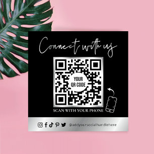 Trendy Simple QR Code Scannable Black & Silver Vierkante Visitekaartje