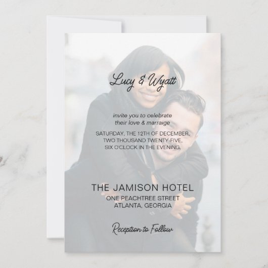 Trendy Simple Script Overlay Photo Wedding Kaart (Voorkant)